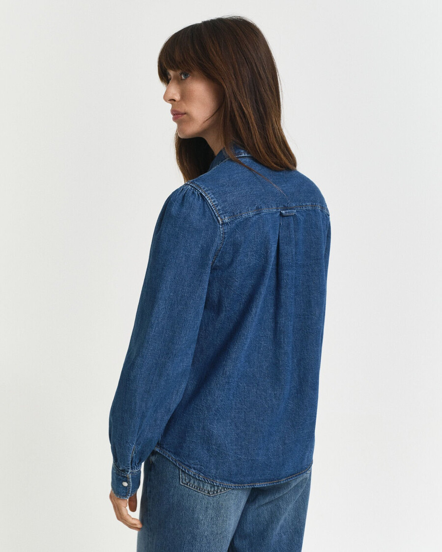 normale pasvorm denim overhemd met pofmouwen - indigo