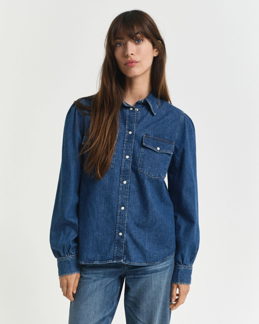 normale pasvorm denim overhemd met pofmouwen - indigo