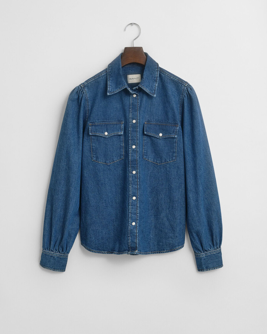 normale pasvorm denim overhemd met pofmouwen - indigo