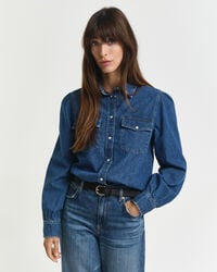 normale pasvorm denim overhemd met pofmouwen - indigo