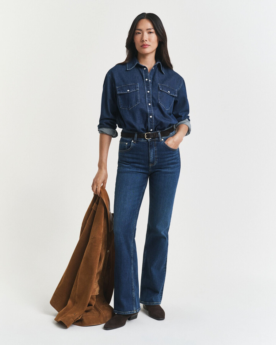 relaxed fit denim overhemd met zakken - donkerblauw gedragen look