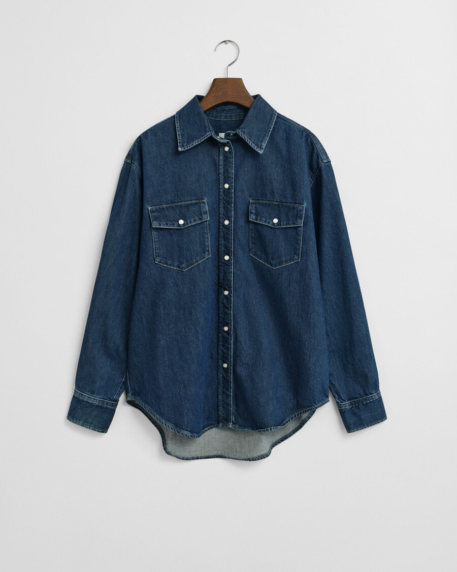 relaxed fit denim overhemd met zakken - donkerblauw gedragen look