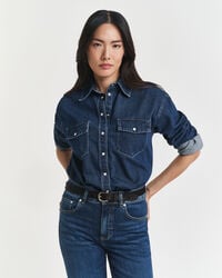 relaxed fit denim overhemd met zakken - donkerblauw gedragen look