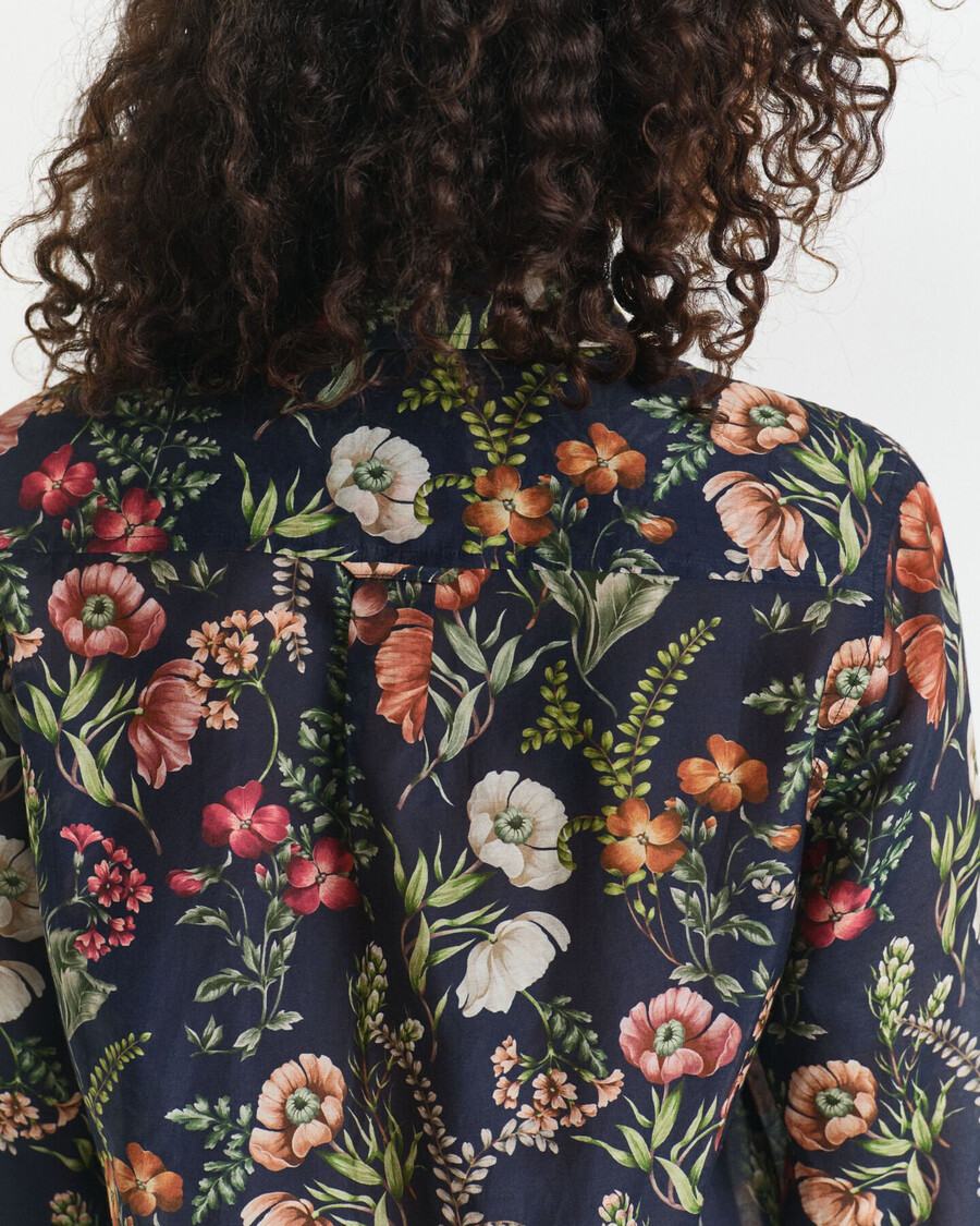 normale pasvorm katoen-zijden overhemd met bloemenprint - avondblauw