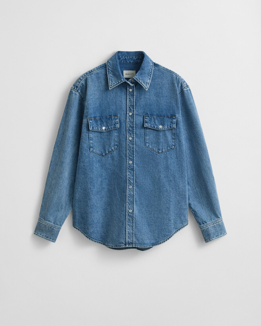 relaxed fit denim overhemd - middenblauw met een verwassen look.