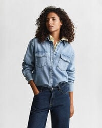 relaxed fit denim overhemd - middenblauw met een verwassen look.