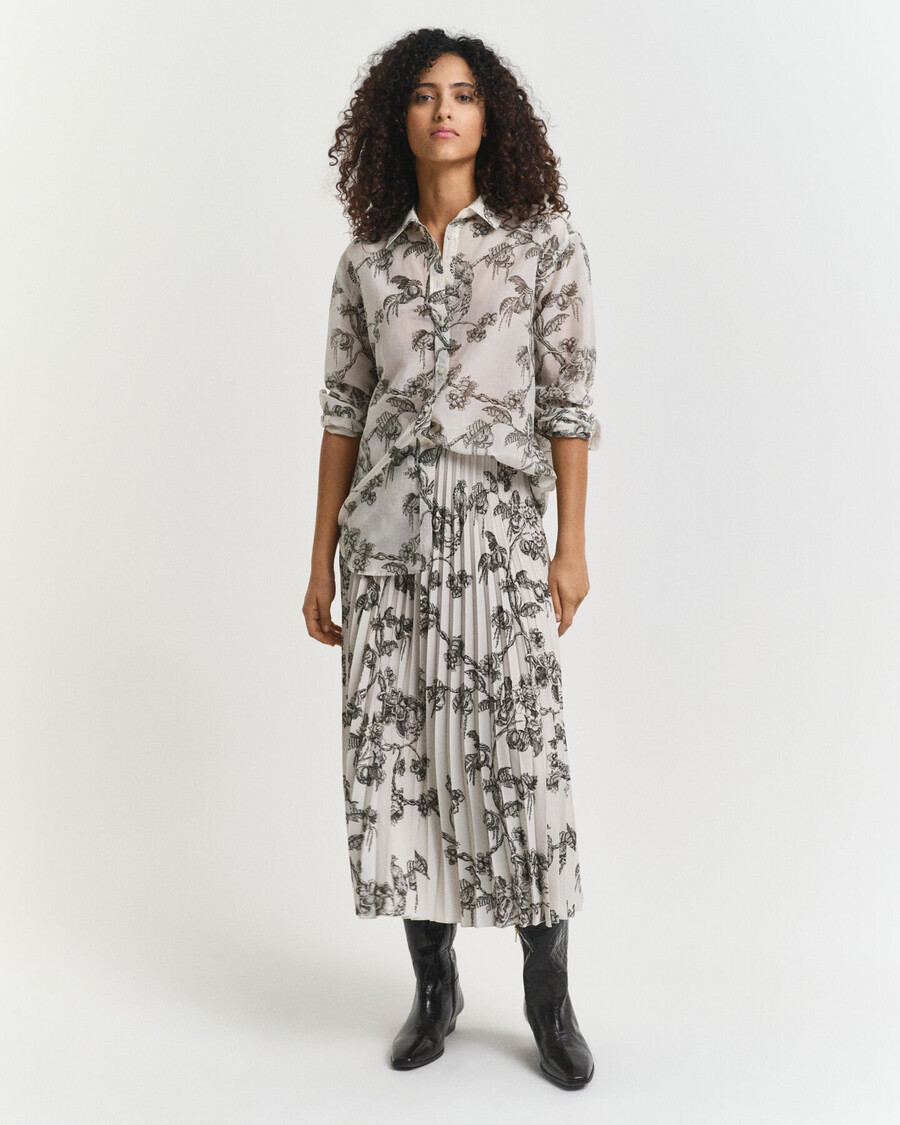 geplooide midi-rok met boomprint - donker mosgroen