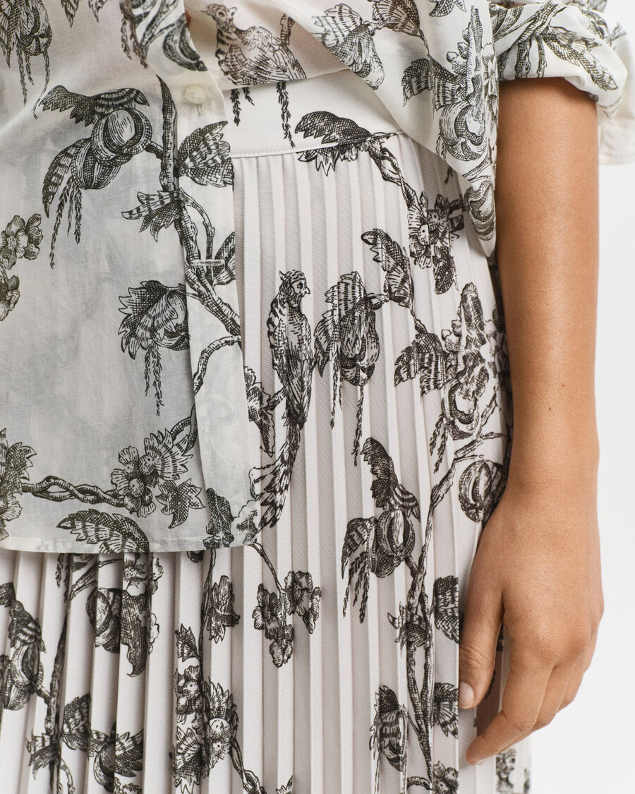 geplooide midi-rok met boomprint - donker mosgroen