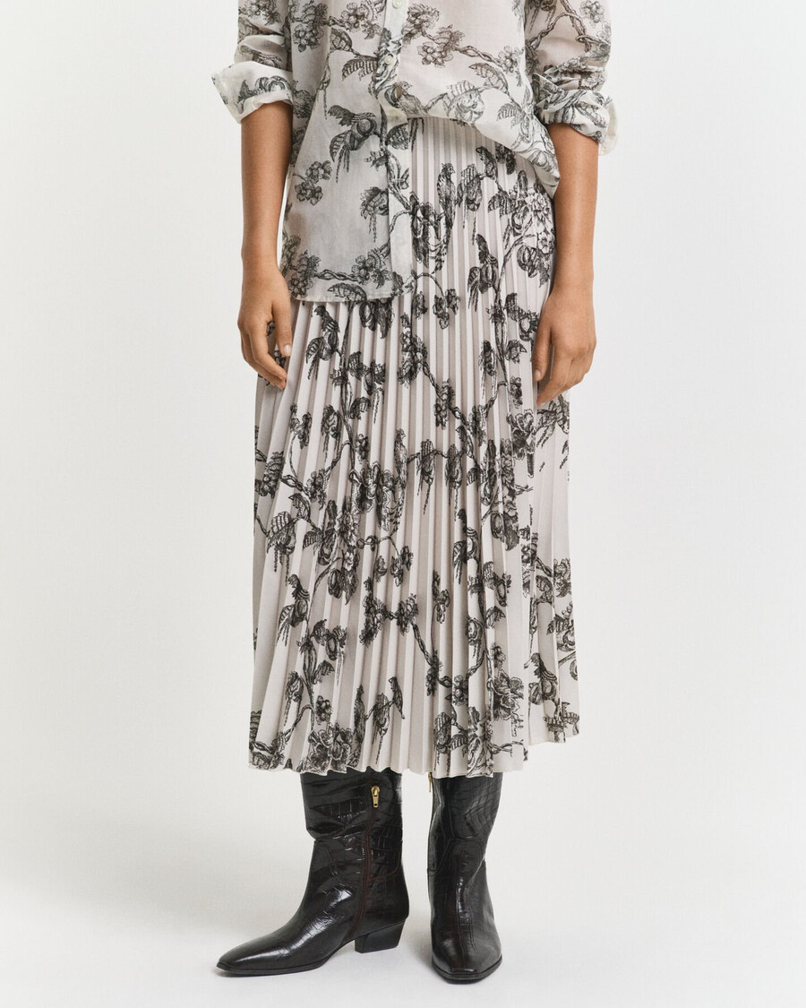 geplooide midi-rok met boomprint - donker mosgroen