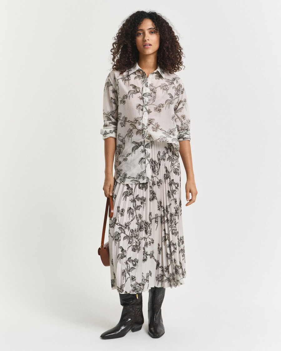 geplooide midi-rok met boomprint - donker mosgroen