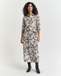 geplooide midi-rok met boomprint - donker mosgroen