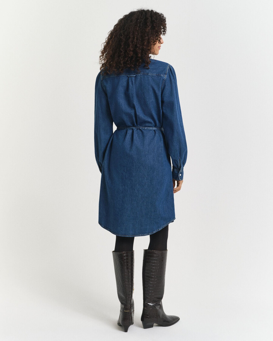 denim jurk met pofmouwen - indigo