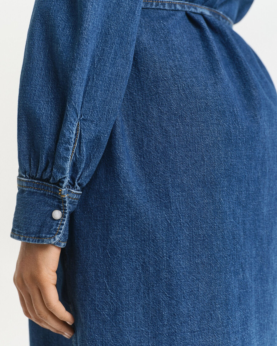 denim jurk met pofmouwen - indigo