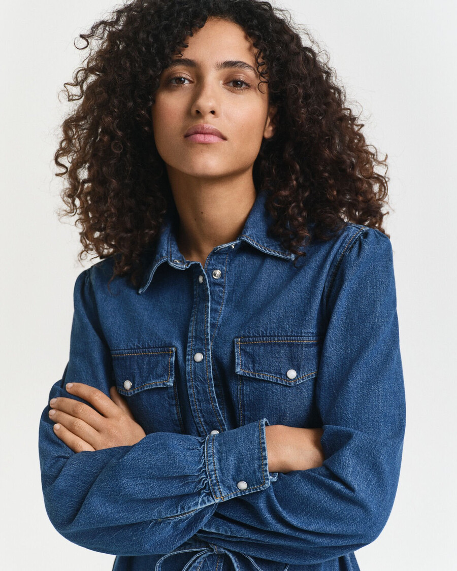 denim jurk met pofmouwen - indigo