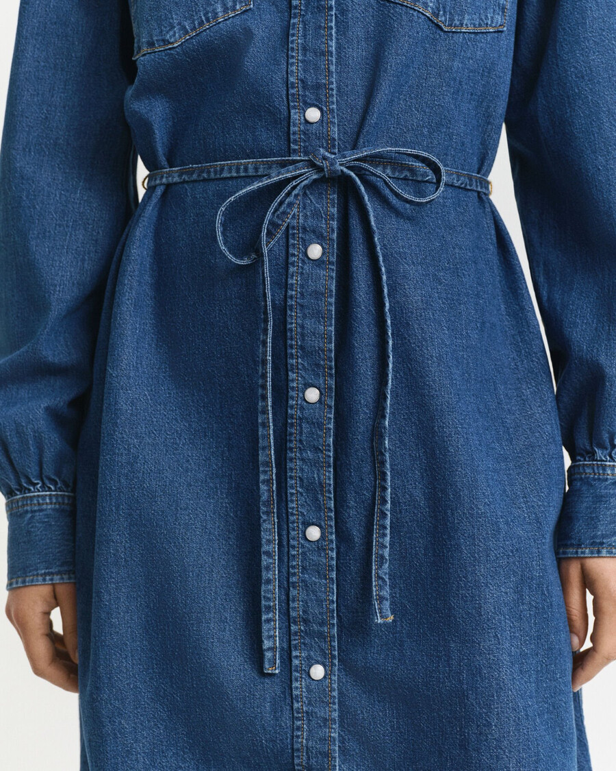 denim jurk met pofmouwen - indigo