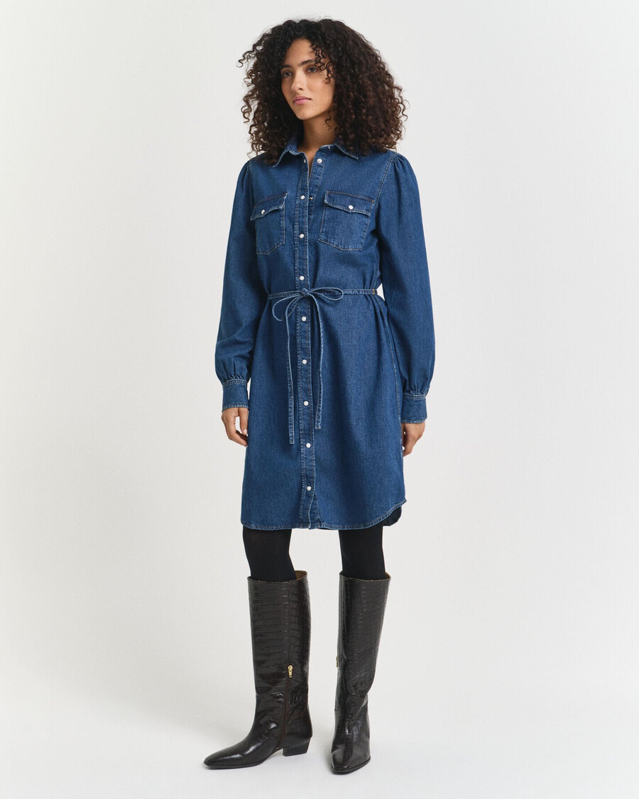 denim jurk met pofmouwen - indigo