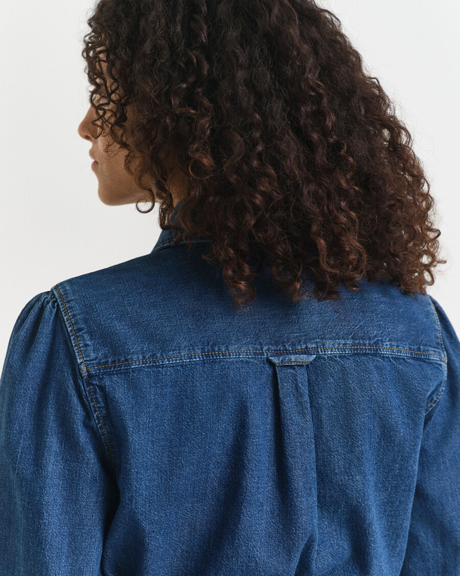 denim jurk met pofmouwen - indigo