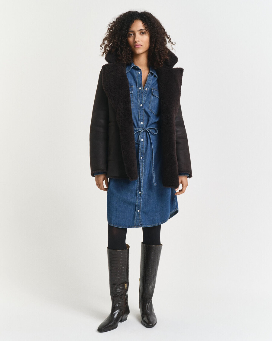 denim jurk met pofmouwen - indigo