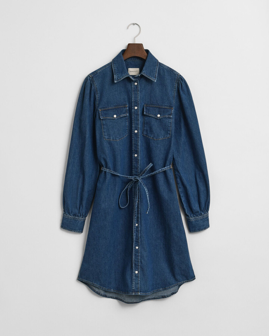 denim jurk met pofmouwen - indigo