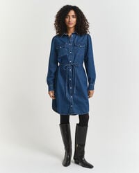 denim jurk met pofmouwen - indigo