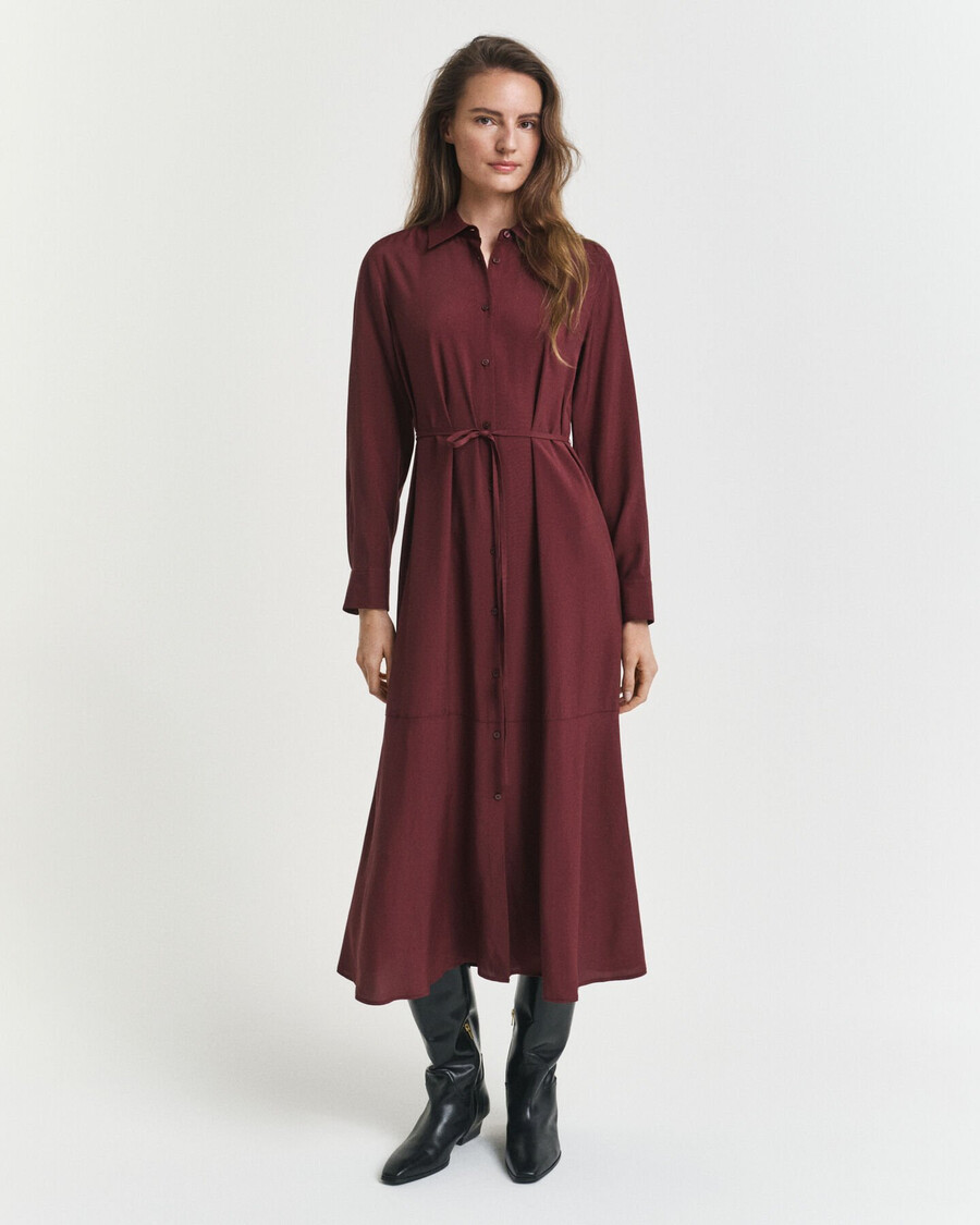 midi-jurk van viscose met overhemdkraag - pruimwijn
