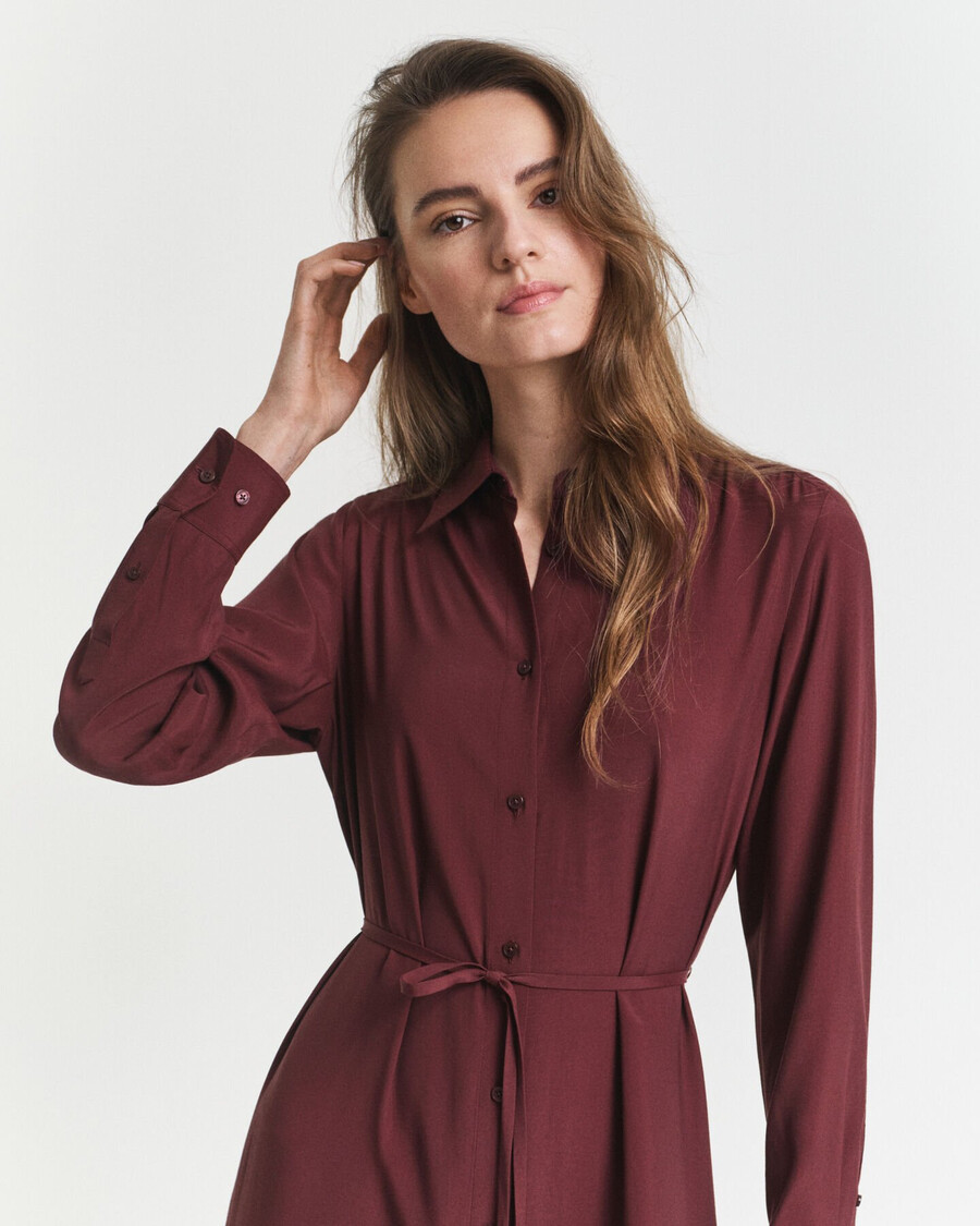 midi-jurk van viscose met overhemdkraag - pruimwijn
