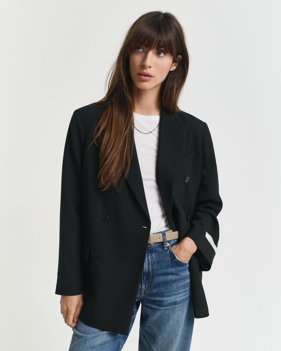 relaxte pasvorm dubbelknoopsluiting blazer van hopsack-wolmix - zwart