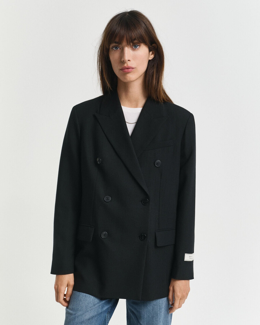 relaxte pasvorm dubbelknoopsluiting blazer van hopsack-wolmix - zwart