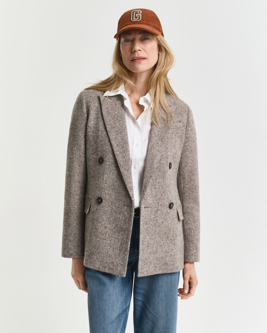 blazer van getextureerde wol met normale pasvorm - donkerbruin