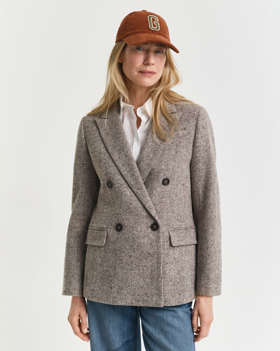 blazer van getextureerde wol met normale pasvorm - donkerbruin