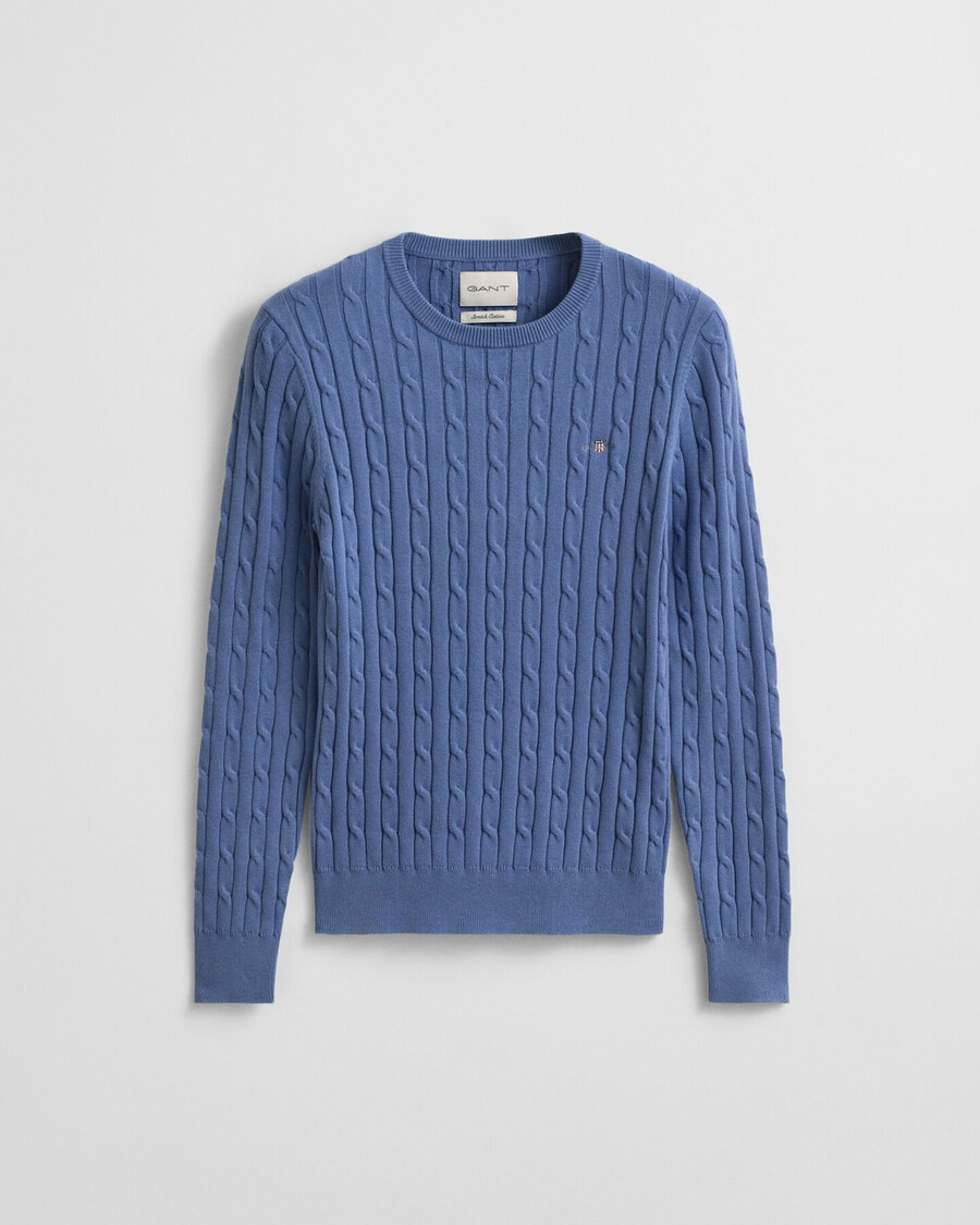 stretch katoenen kabeltrui met ronde hals - vervaagde denim