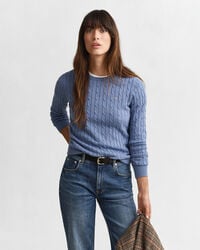 stretch katoenen kabeltrui met ronde hals - vervaagde denim