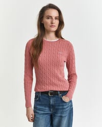 stretch katoenen kabelgebreide trui met ronde hals - vervaagde baksteenrood