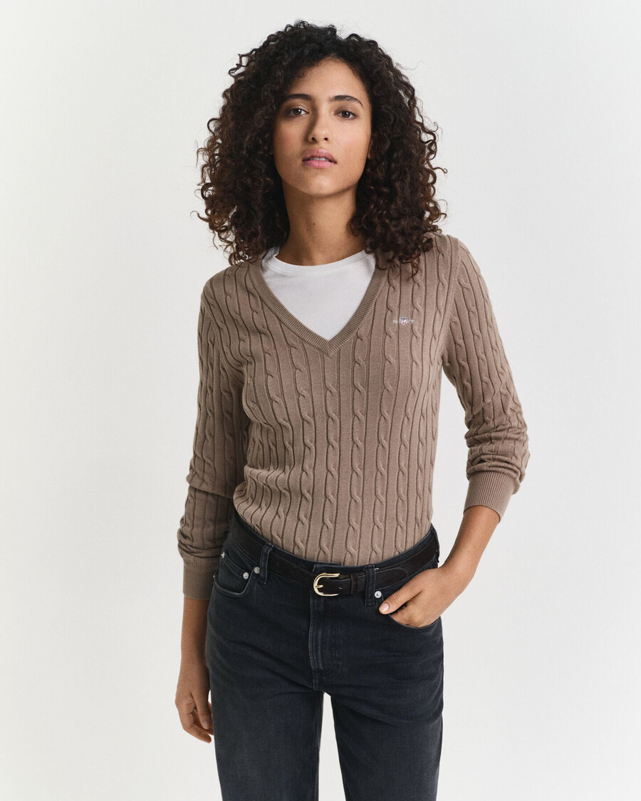 stretch katoenen kabelgebreide v-hals trui - taupe beige