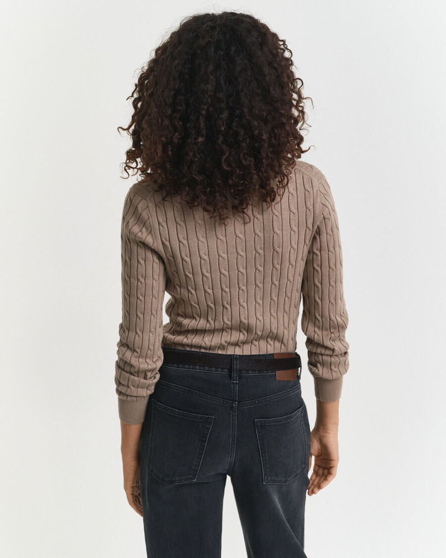 stretch katoenen kabelgebreide v-hals trui - taupe beige