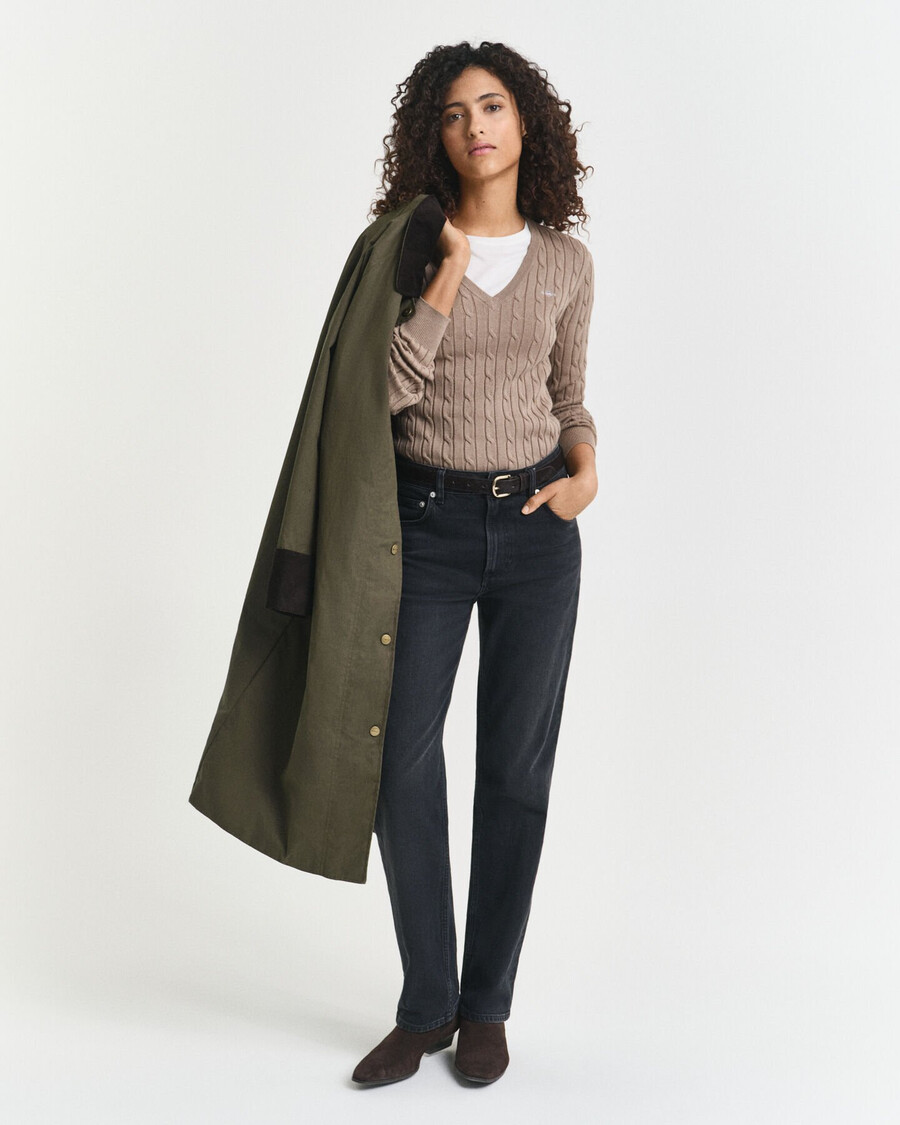 stretch katoenen kabelgebreide v-hals trui - taupe beige