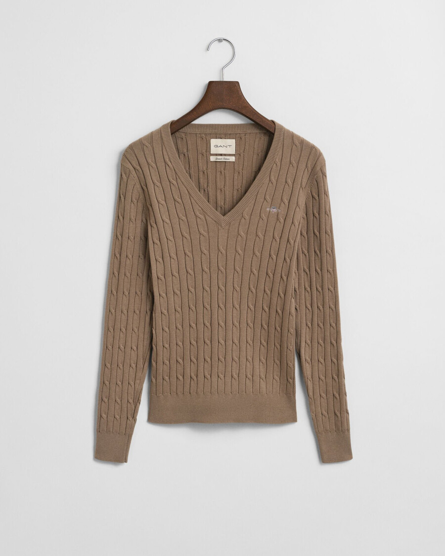 stretch katoenen kabelgebreide v-hals trui - taupe beige