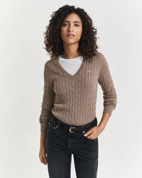 stretch katoenen kabelgebreide v-hals trui - taupe beige