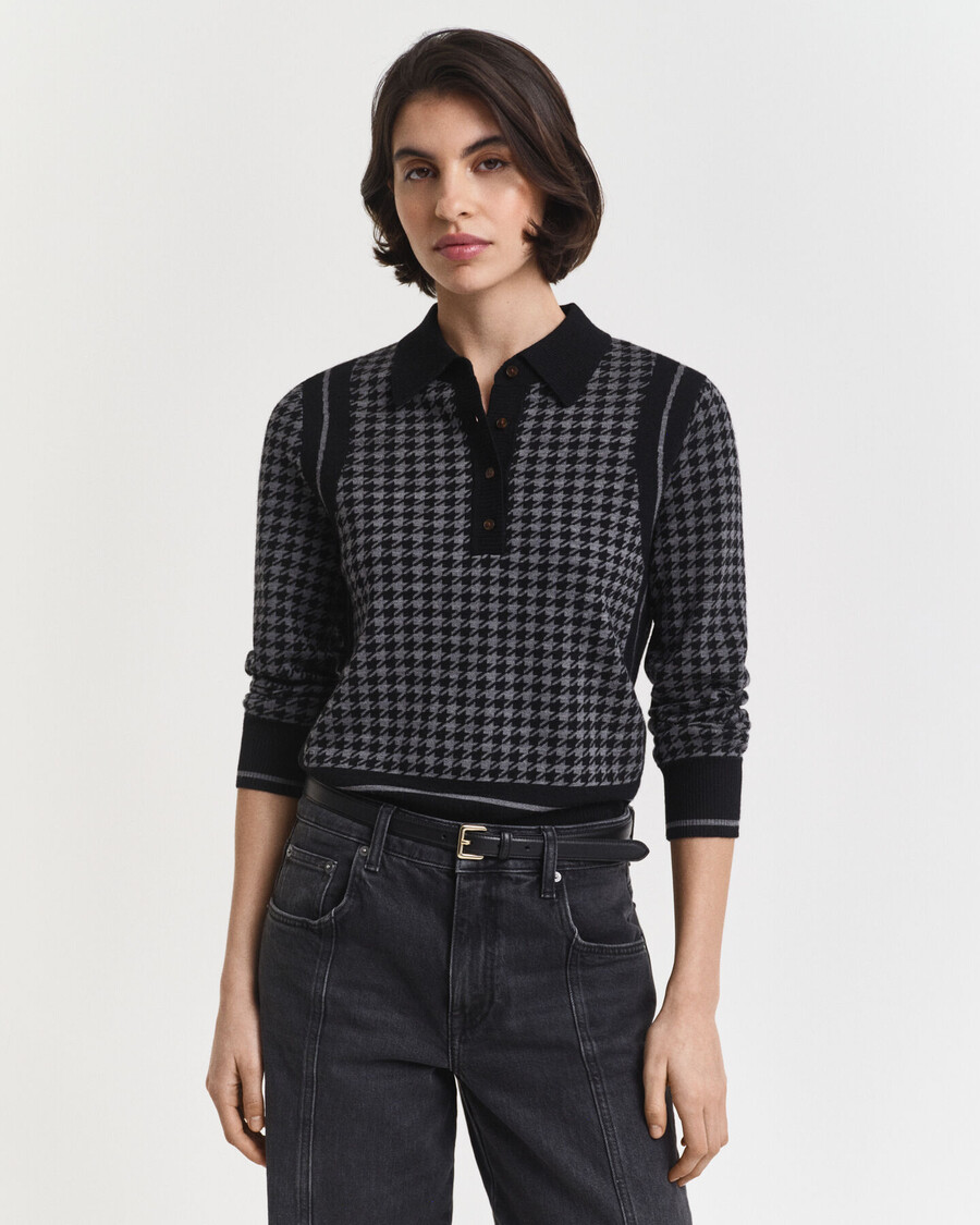 polo trui met pied-de-poule jacquardpatroon - zwart
