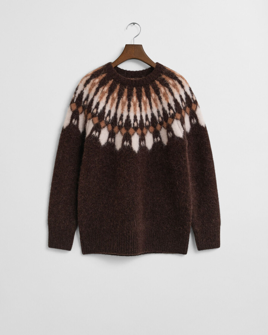 trui met ronde hals en fair isle-patroon van alpacamix - donkerbruin
