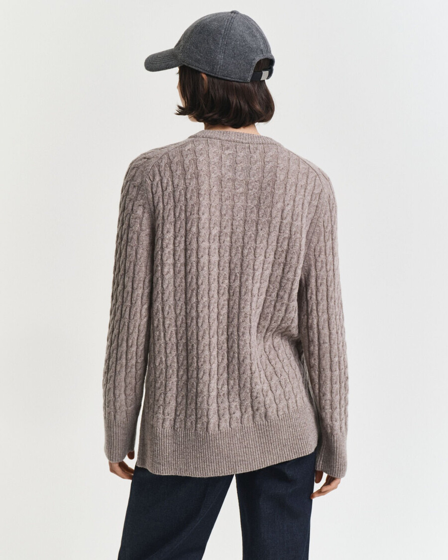 wollen kabeltrui met ronde hals - taupebeige