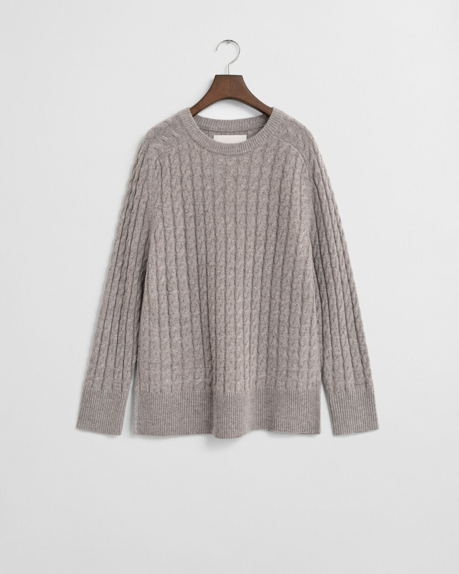 wollen kabeltrui met ronde hals - taupebeige