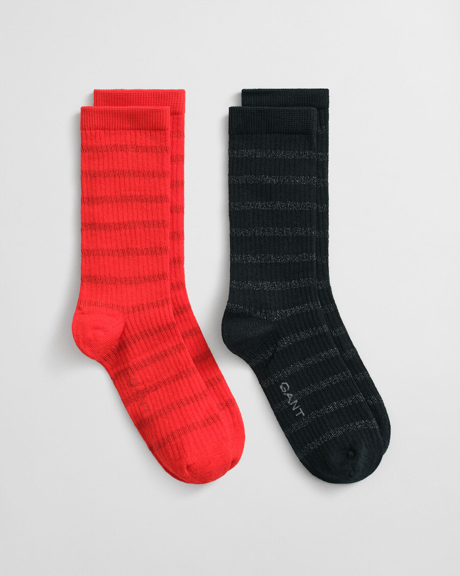 cadeauverpakking met 2 metallic gestreepte sokken - felrood